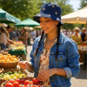 BDG Crest Bucket Hat Blue Denim Embroidered Festival Streetwear NWT Unisex